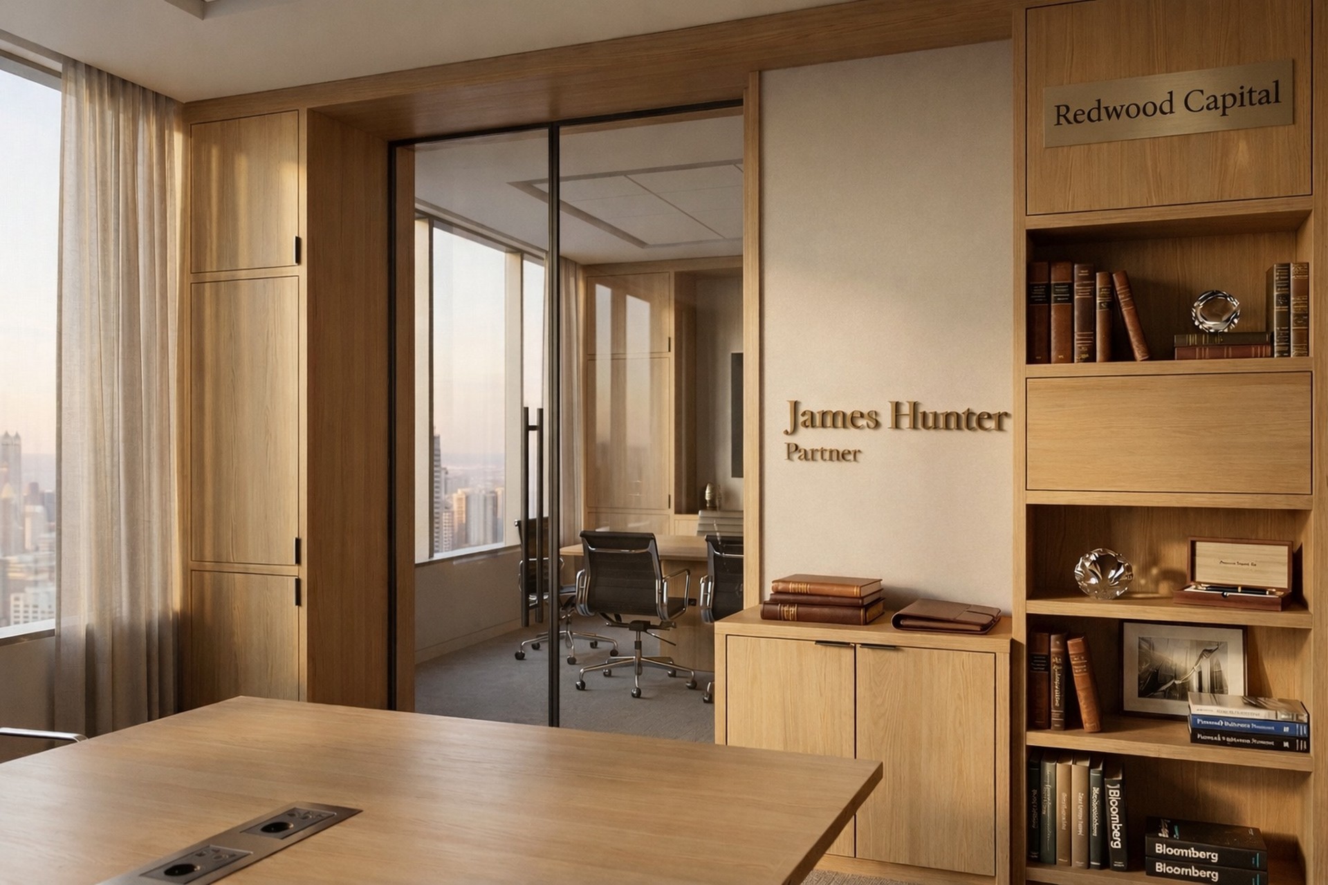 James Hunter, Partner — Redwood Capital executive office with engraved name, glass conference room, and Bloomberg financial references