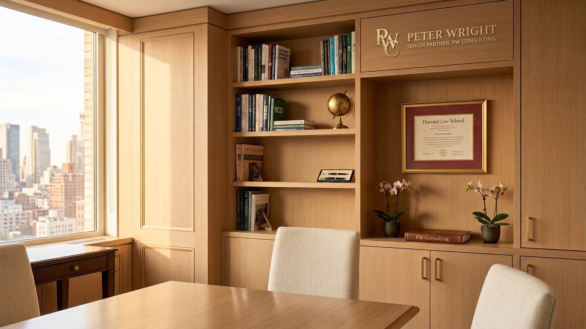Peter Wright, Senior Partner — PW Consulting office with engraved name, Harvard Law diploma, globe, and warm wood paneling