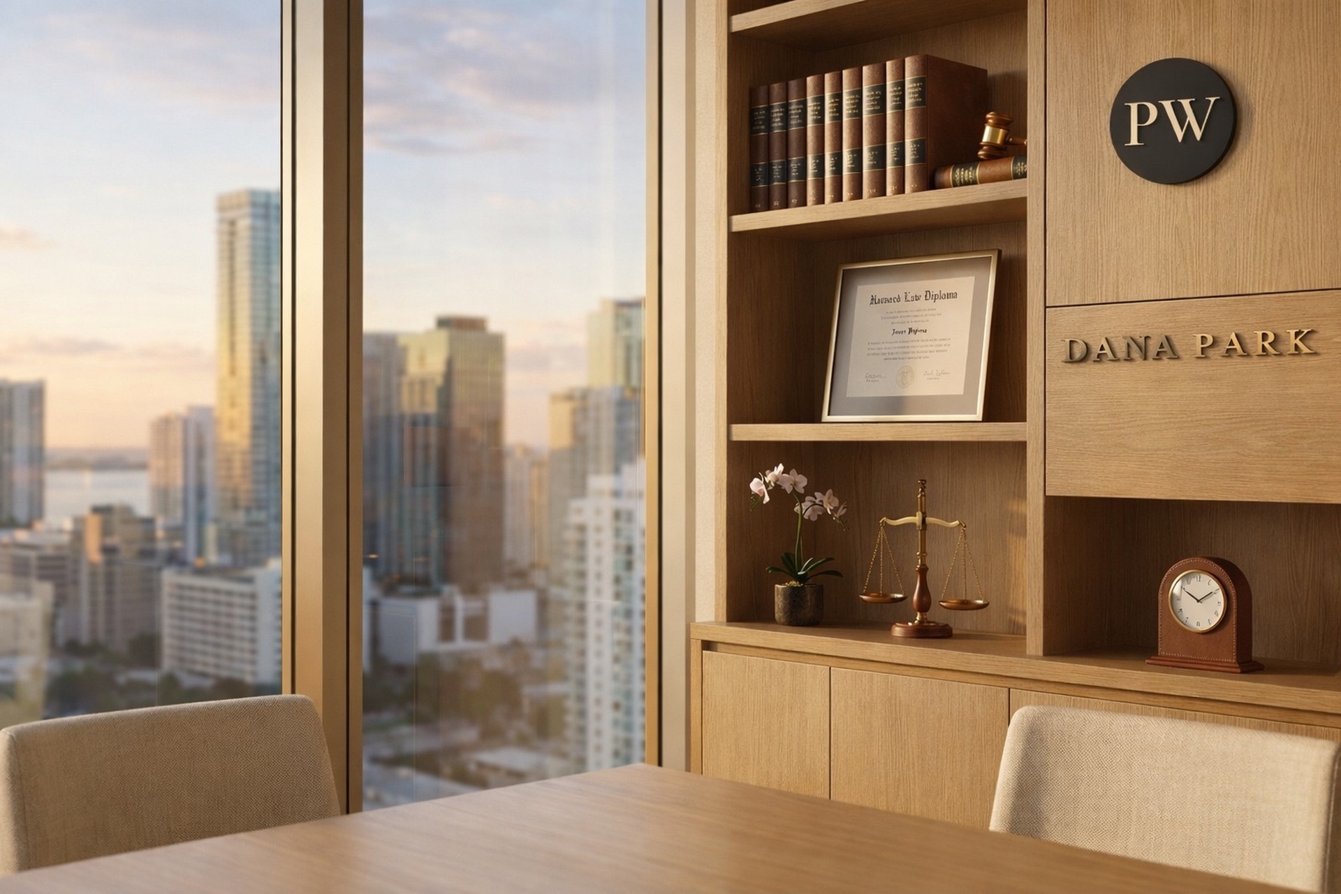 Dana Park — personalized office with PW firm logo, scales of justice, law diploma, and Miami skyline