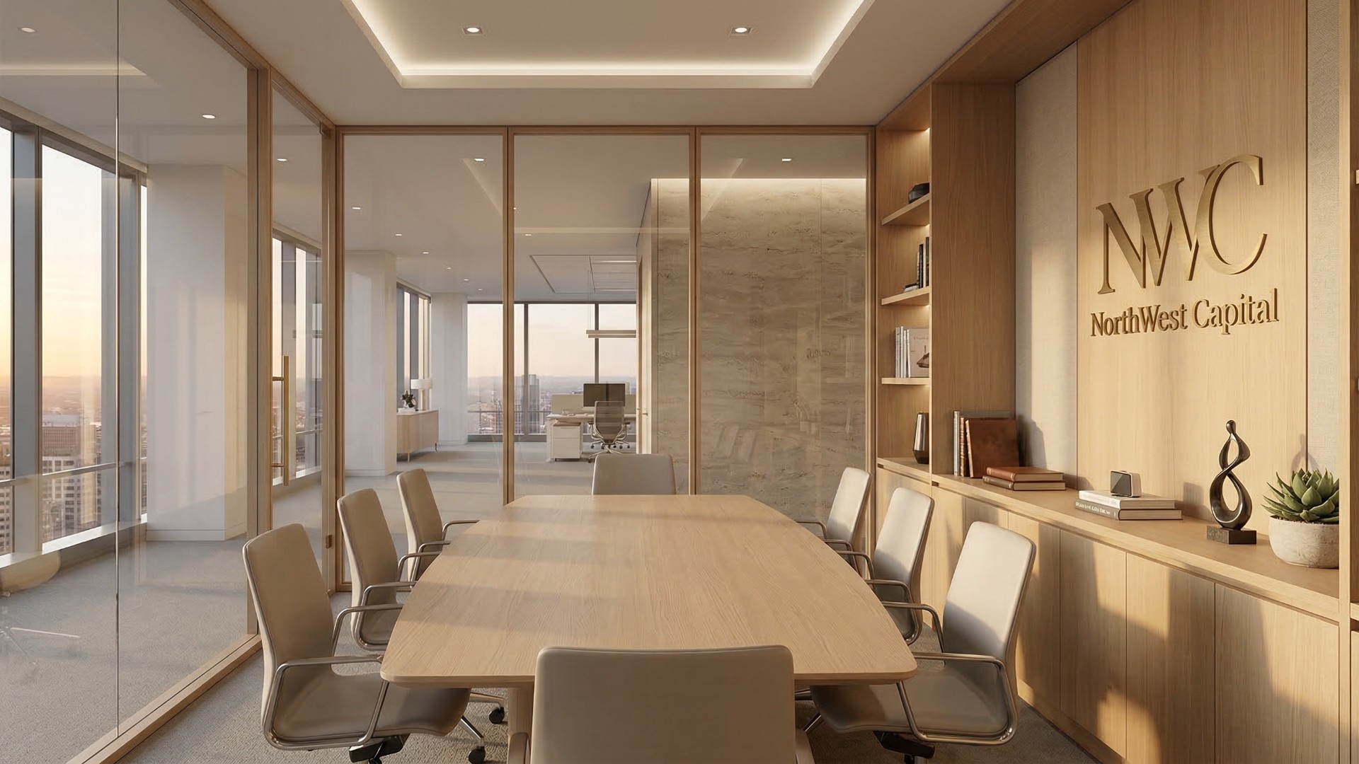 NorthWest Capital conference room with firm logo, modern light wood, glass walls, and professional meeting space